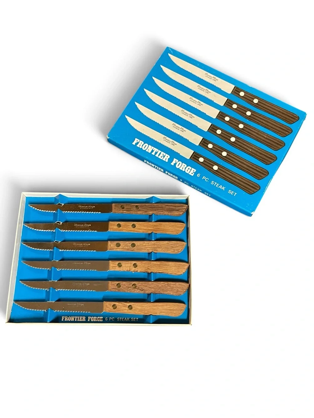 Frontier Forge Serrated Blade Riveted Wood Grain Handle Steak Knives Set of 5